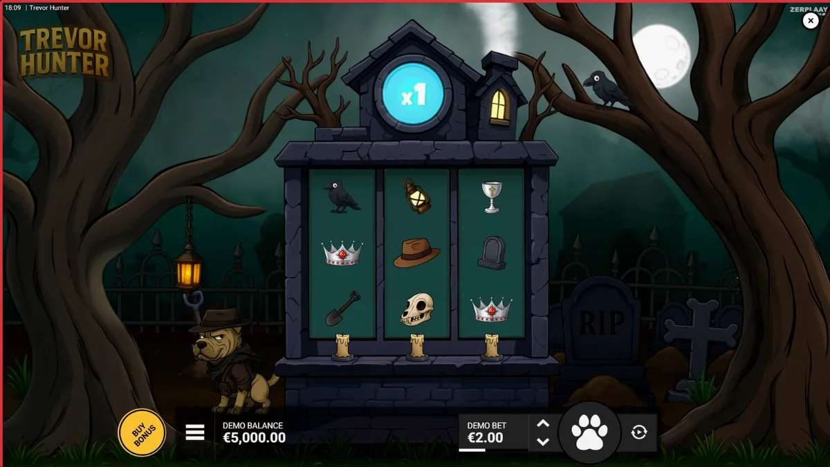Trevor Hunter slot game interface featuring the Shar Pei character in a graveyard setting