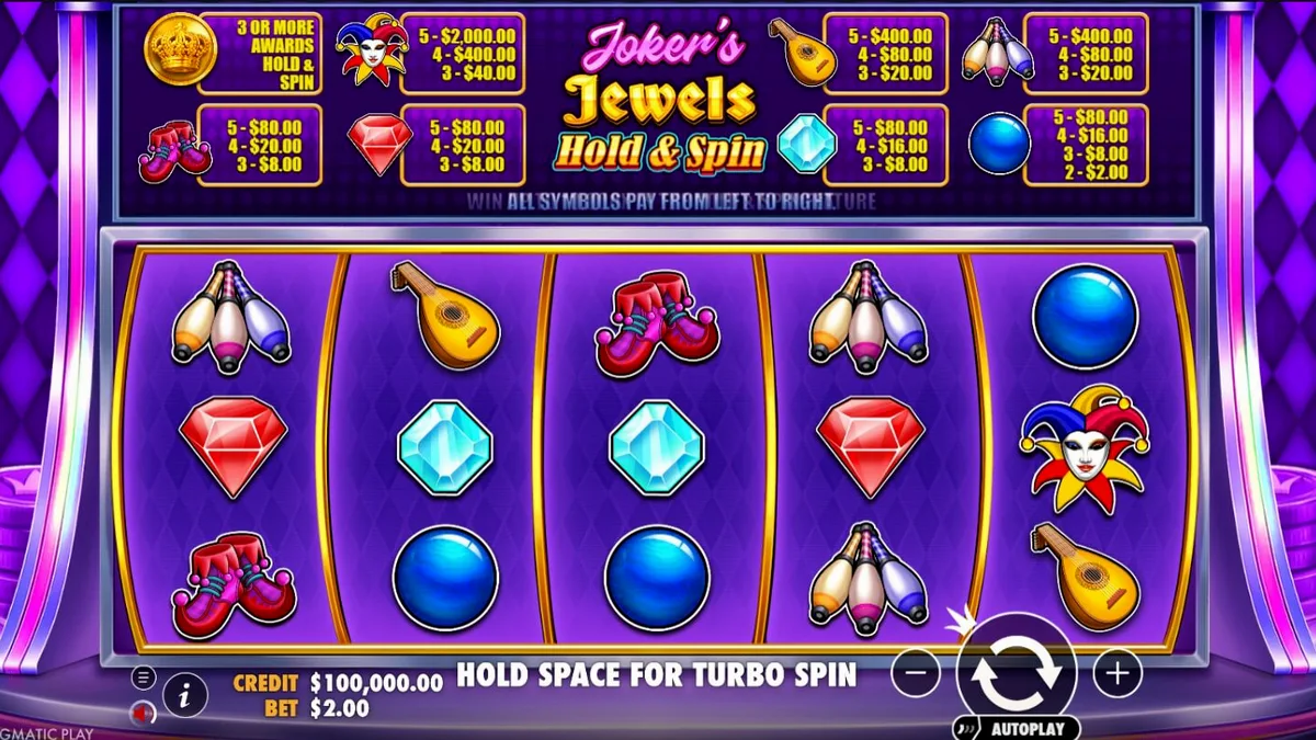 Giao diện trò chơi Joker’s Jewels Hold & Spin với các biểu tượng Joker và đá quý rực rỡ